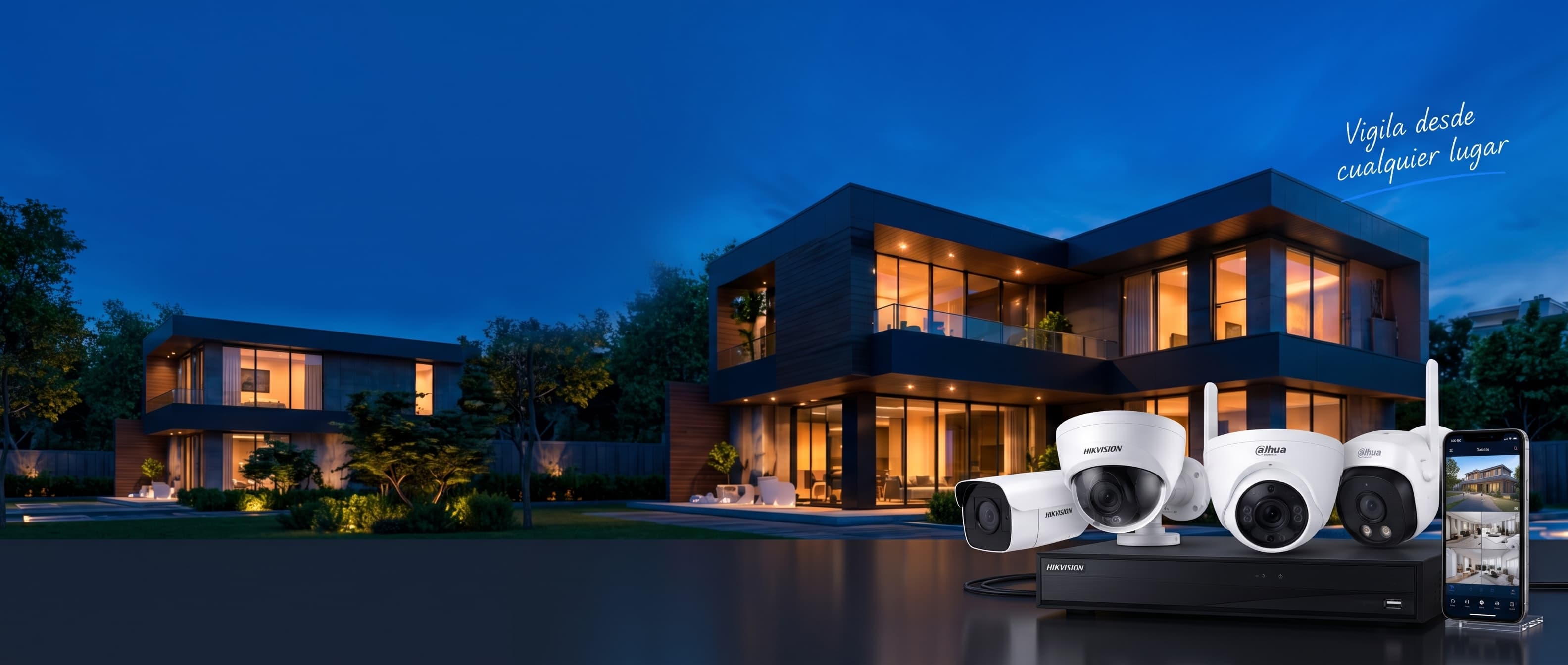 Cámaras de seguridad instaladas en una vivienda moderna, monitoreadas desde el celular